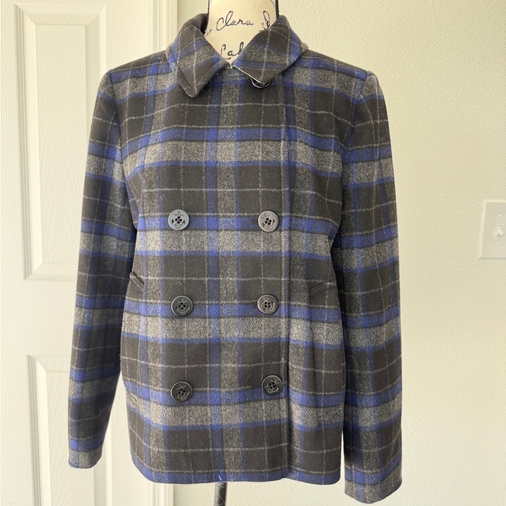 J.Crew Blue Grey Plaid‎ Wool Blend Pea Coat Jacket E2645 Size 8 Dark Academia - Picture 13 of 16